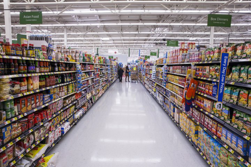 Non-perishable food is displayed at a Walmart store in Secaucus, New Jersey